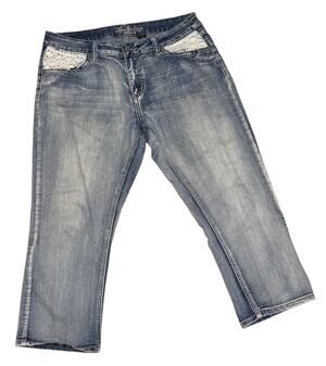 Love Indigo Womens Mid-Rise Denim Capri Jeans White Lace Pocket Trim Size 14 EUC